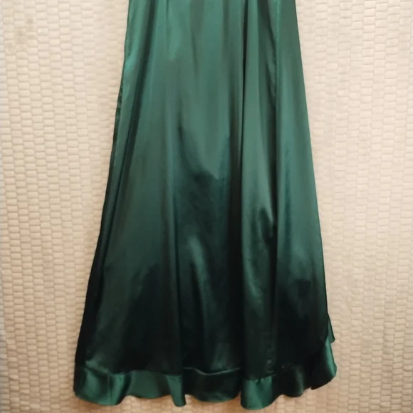 12th Tribe Green Satin Ruffle Maxi Dress High Slit-Medium - Picture 8 of 15